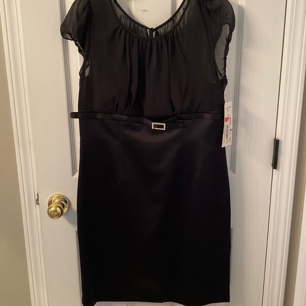 Puff sleeve cocktail dress with satin skirt and jeweled belt